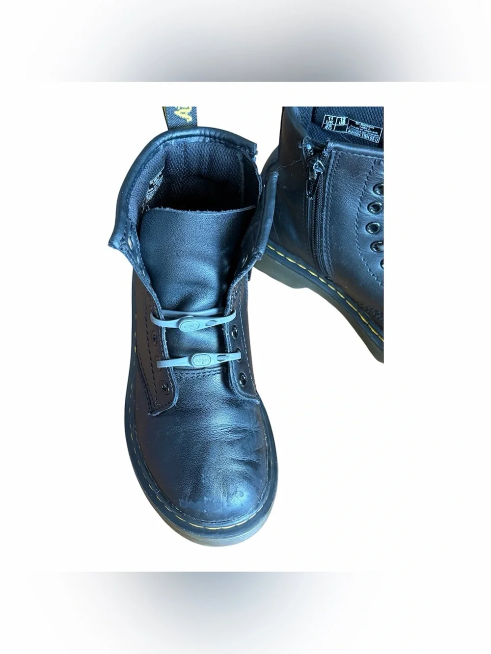 Dr Martens Kids 1460 Black Leather Combat Boots Size 12 Side Zip+Elastic Laces